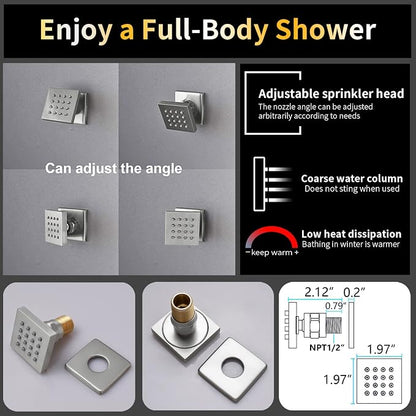 Brushed Nickel Thermostatic Shower System Full Body Rain Shower System AYIVG Temperature Display Shower Faucets Sets 12 Inch LED Rain Ceiling Shower System With 6PCS Body Spray Can Run Together