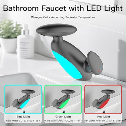 Smart Bathroom Faucet with Pull-Out Sprayer, 4 Modes Bathroom Faucet Waterfall Fountain, 360° Rotating Spout, Single Hole Modern Vanity Tap, Temperature-Sensing LED Lights (Grey)
