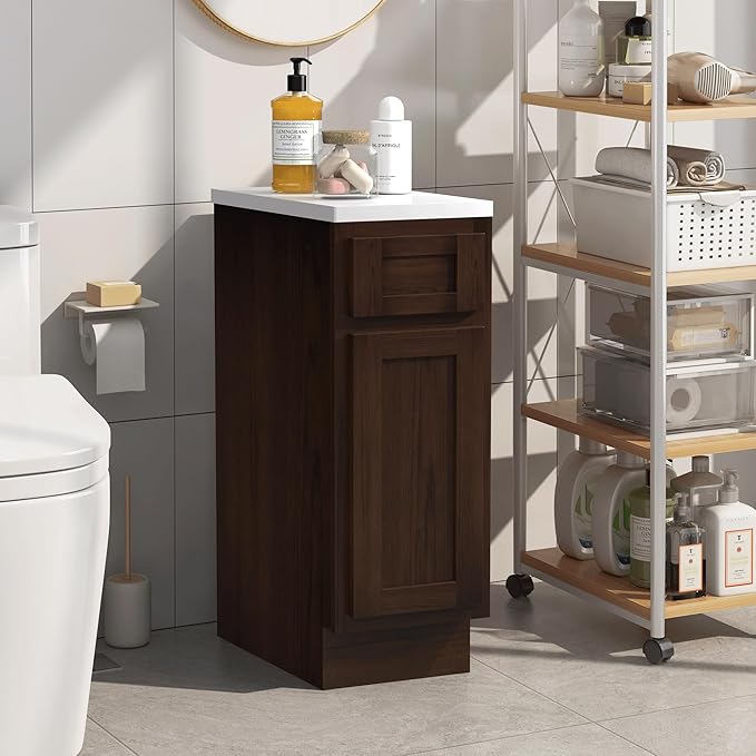 HomeBeyond 12 Inch Bathroom Vanity Base Only, Single Vanity Cabinet with Dove-Tailed Drawer, Composable Floor Mount Cabinets without Top, Brown