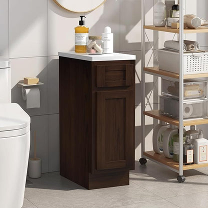 HomeBeyond 12 Inch Bathroom Vanity Base Only, Single Vanity Cabinet with Dove-Tailed Drawer, Composable Floor Mount Cabinets without Top, Brown