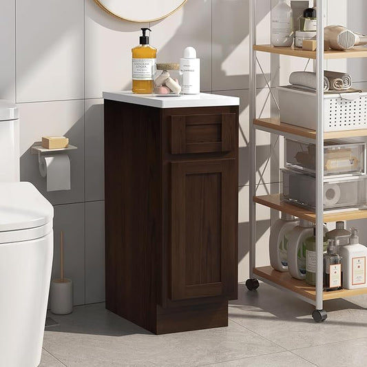 HomeBeyond 12 Inch Bathroom Vanity Base Only, Single Vanity Cabinet with Dove-Tailed Drawer, Composable Floor Mount Cabinets without Top, Brown
