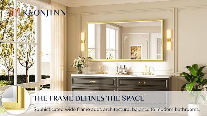 Keonjinn 72 x 36 Inch Gold Bathroom Mirror, Safe HD Tempered Glass, Large | Aluminum Alloy Metal Frame, Secure French Cleat Installation, Transitional Style, Rectangle Wall-Mounted Mirror, Living Room