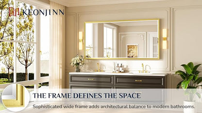 Keonjinn 72 x 36 Inch Gold Bathroom Mirror, Safe HD Tempered Glass, Large | Aluminum Alloy Metal Frame, Secure French Cleat Installation, Transitional Style, Rectangle Wall-Mounted Mirror, Living Room