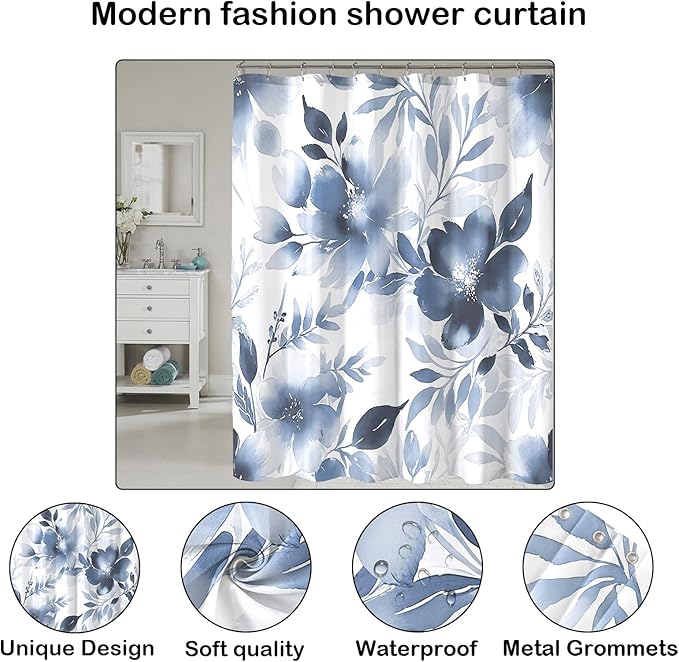 Floral Shower Curtain, Blue Watercolor Flower Shower Curtains for Bathroom, Modern Minimalist Waterproof Fabric Bath Decoration 72x84 Inch