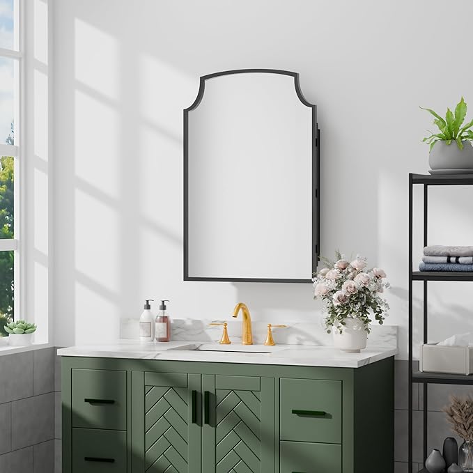 Casaphoria 30" H x 20" W Arched Bathroom Medicine Cabinet with Mirror, Metal Frame Wall Medicine Cabinets Mirrors, Wall Mirror Cabinet, Black