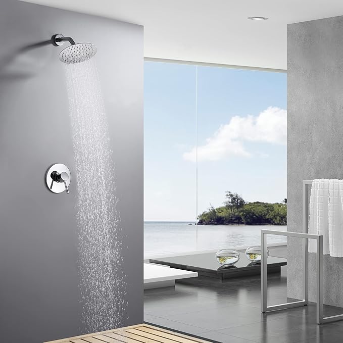 SUMERAIN Bathroom Shower Faucet Set With Valve, Chrome | 8 Inches High Pressure Rain Shower Head, Single Handle, Brass Rough in Valve