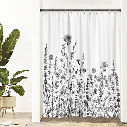 GOAOK Vintage Boho Shower Curtain Black and White Theme, Floral Aesthetic Dark Wildflower Botanical Flowers Shower Curtain for Bathroom with Hook, Farmhouse Plant Art Chic Shower Curtain 60X72