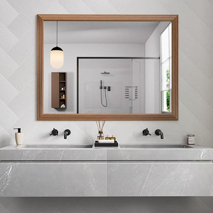Bathroom Mirror for Wall, 48 X36 Inch (Walnut Wood Grain) | Metal Framed, HD Reflection, Anti-Rust, Hang Horizontally/Vertically, Suitable for Bedroom, Farmhouse, Bathroom, Entryway
