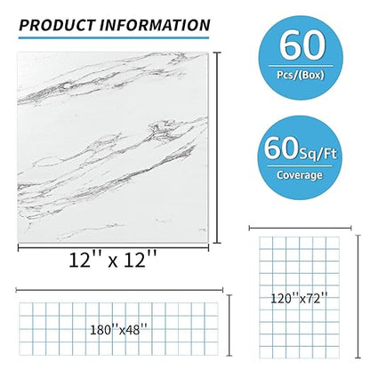 Art3d Peel and Stick Floor Tile, 60-Pack 12 x 12in. Covers 60 Sq.ft, Waterproof Vinyl Flooring Tiles Self Adhesive for Kitchen, Bathroom & Bedroom - Gray Marble