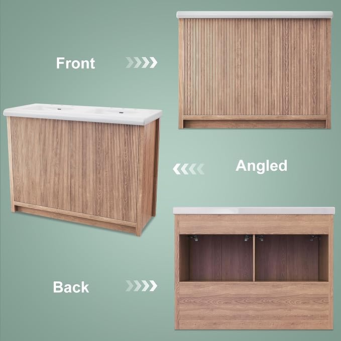 48 Inch Bathroom Vanity with Ceramic Sink, Bathroom Sink Cabinet with 4 Fluted Doors, Double Sink Bath vanities Combo, Light Oak (20" D x 48" W x 36" H)