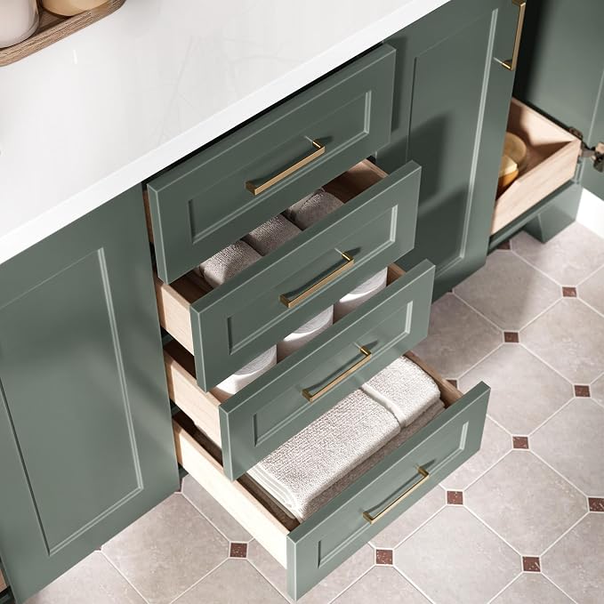 ARIEL Taylor 72-inch Bathroom Vanity with Sink,Solid Wood, 1.5-inch Pure White Quartz Countertop, Double Rectangular Porcelain Sink, Soft Closing Doors, Dovetail Drawers, Vintage Green