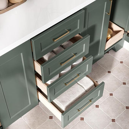 ARIEL Taylor 72-inch Bathroom Vanity with Sink,Solid Wood, 1.5-inch Pure White Quartz Countertop, Double Rectangular Porcelain Sink, Soft Closing Doors, Dovetail Drawers, Vintage Green