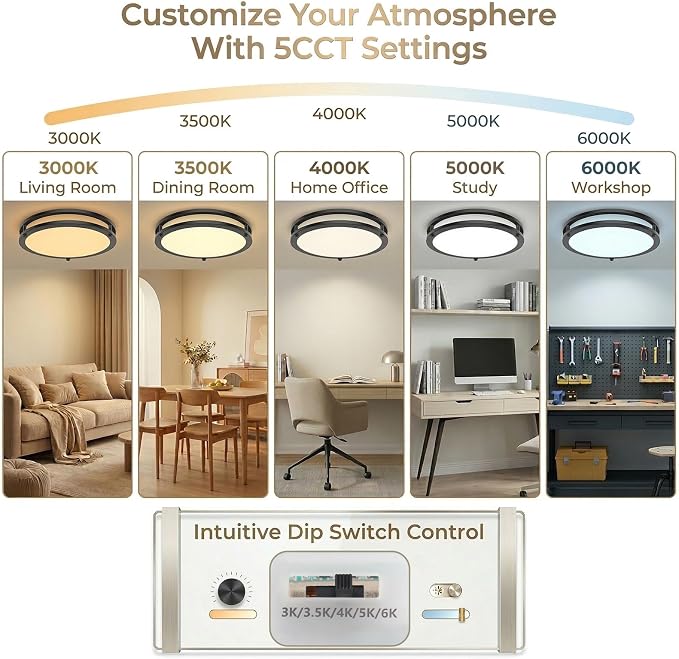 13inch LED Flush Mount Ceiling Light Fixture Dimmable Matte Black, Easy Install LED Ceiling Lamp Fixture Without Flicker, Super Bright 36W 3600LM 5CCT Warm to White Light 3000K to 6000K 2-Pack