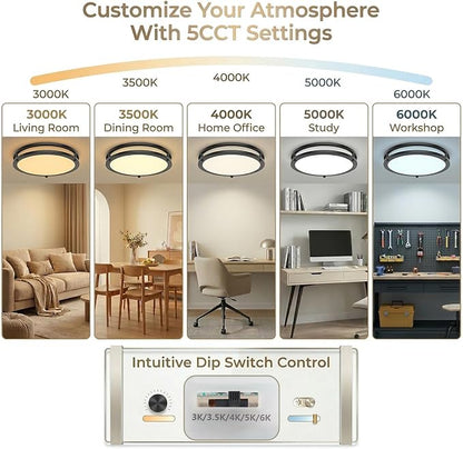 13inch LED Flush Mount Ceiling Light Fixture Dimmable Matte Black, Easy Install LED Ceiling Lamp Fixture Without Flicker, Super Bright 36W 3600LM 5CCT Warm to White Light 3000K to 6000K 2-Pack