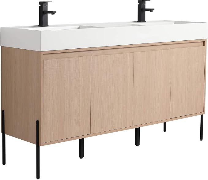 Crownpoint 60 Inch Bathroom Vanity with Sink, White Double Sink, White Oak Finish, Full Assembly Required, Elegant Bathroom Vanities for Modern Homes
