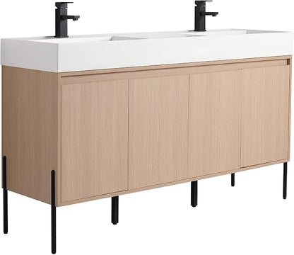 Crownpoint 60 Inch Bathroom Vanity with Sink, White Double Sink, White Oak Finish, Full Assembly Required, Elegant Bathroom Vanities for Modern Homes