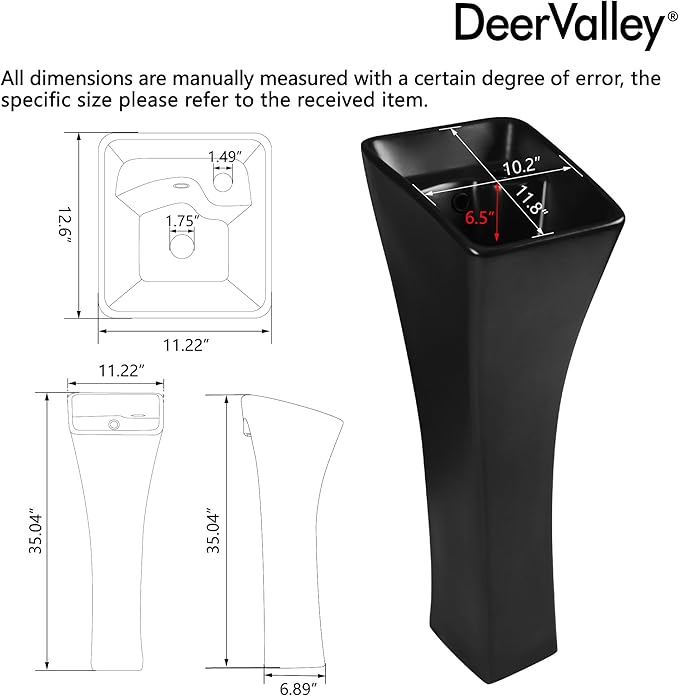 DeerValley Horizon Bathroom Pedestal Sink, 11"L x 13"W x 35"H Small Pedestal Sink, Ceramic One Piece Bath Sink with Overflow and Pre-Drilled Hole, Freestanding Modern Sink in Black, DV-1P529B