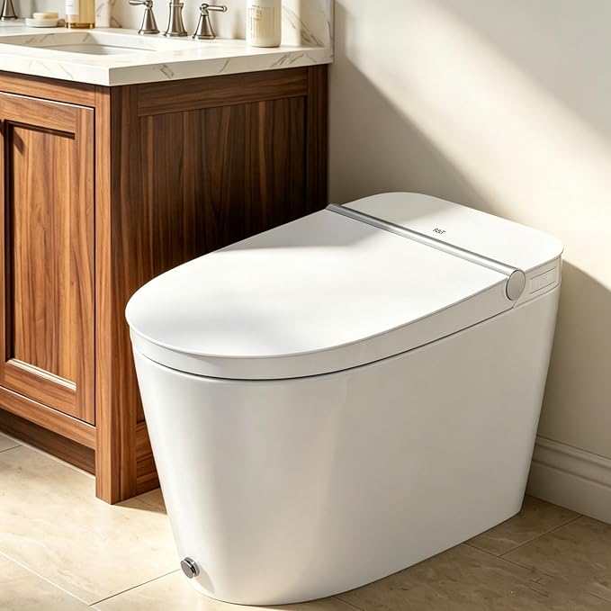 R&T W5203-2 Tankless Smart Toilet Touchless Auto Flush 1.1/1.6 GPF Dual Flush, Battery-Operated One-Piece Intelligent Toilet for Bathroom, Foot Kick & Manual, Non-Electric Bidet