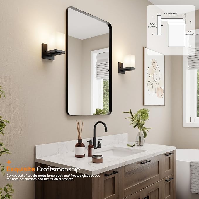 Wall Light Fixture Black Vanity Lighting Over Bathroom Mirror with White Frosted Glass, Wall Lamp for Powder Room Washroom Entrance T003MB-L1