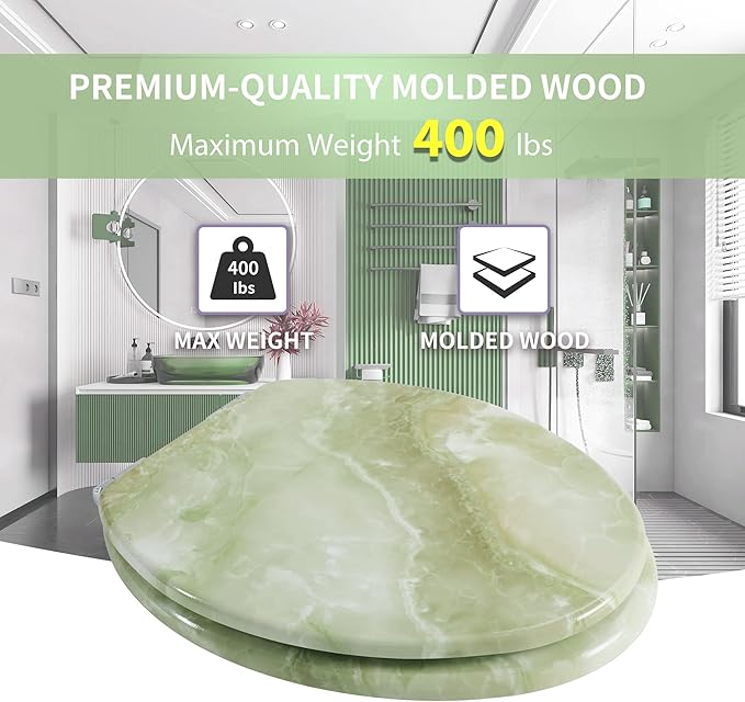 Angel Shield Marble Toilet Seat Durable Molded Wood with Quiet Close, Easy Clean, Quick-Release Hinges Round Toilet Seat (Round, Green Marble)