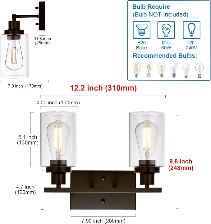 MELUCEE 2-Light Industrial Bathroom Lighting Oil Rubbed Bronze | Bathroom Light Fixtures Wall Mount Sconces with Clear Glass Shade for Bedroom Living Room Kitchen (Patent No.: US D963914 S)