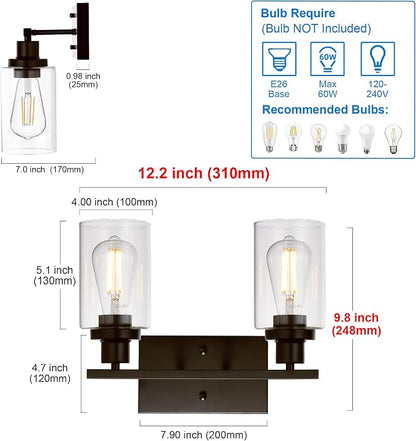 MELUCEE 2-Light Industrial Bathroom Lighting Oil Rubbed Bronze | Bathroom Light Fixtures Wall Mount Sconces with Clear Glass Shade for Bedroom Living Room Kitchen (Patent No.: US D963914 S)