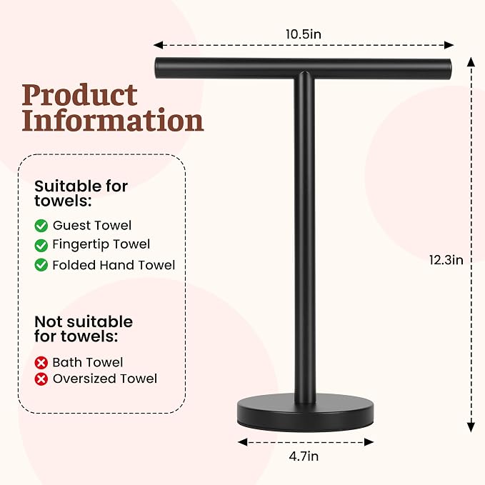 Hand Towel Holder Stand, Freestanding Bathroom Towel Rack, Black | Weighted Stainless Steel Base Helps Prevent Tipping While The Open T-Shape Keeps Towels Dry on Bathroom Countertops