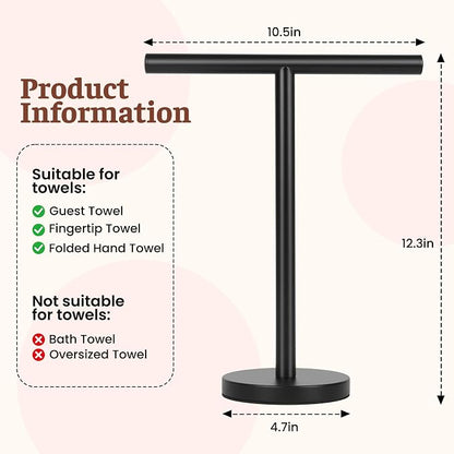 Hand Towel Holder Stand, Freestanding Bathroom Towel Rack, Black, 2 Pack | Weighted Stainless Steel Base Helps Prevent Tipping While The Open T-Shape Keeps Towels Dry on Bathroom Countertops