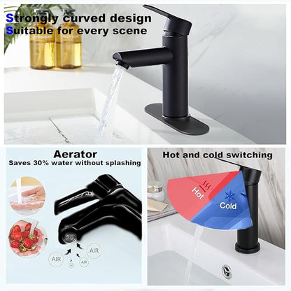 Bathroom Cold & Hot Stainless Steel Faucet, Ceramic Valve Cylinder; Silent Anti-Drip, Single Handle, Water Saving, Washbasin Sink, for Bathroom & Basin, Small Kitchen Faucet (Black)