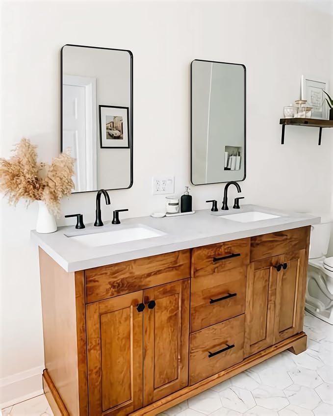 Black Bathroom Mirror, 24”x40” Rounded Corner Rectangle Mirror, Modern Metal Frame Bathroom Vanity Mirror(Matte Black Finish)