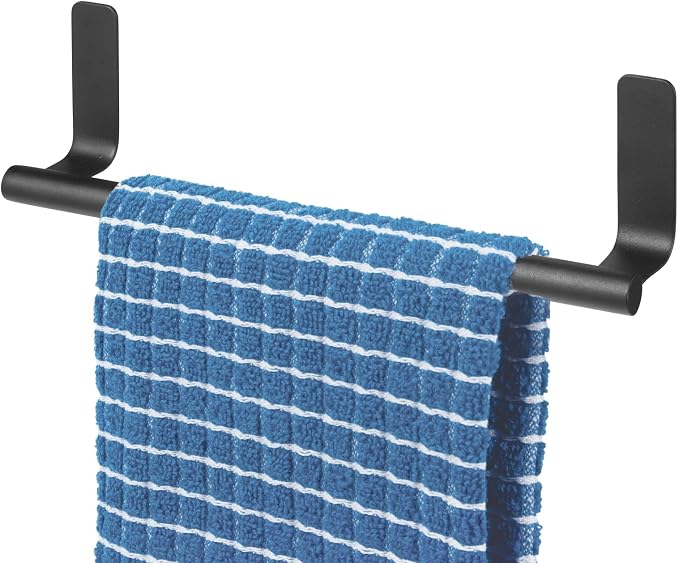 mDesign Steel Wall-Mounted Towel Rack Storage Holder - Self-Adhesive Space Saving Towel Bar for Bathroom, Kitchen - Holds Hand Towels - Stick on Doors or Cabinet - Omni Collection - 2 Pack - Black