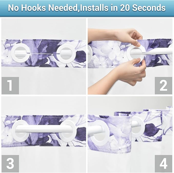 No Hook Floral Shower Curtain with Liner, Eucalyptus Purple, 71x74 | Snap in Liner, 3 in 1, Water Repellent, Easy Install, Machine Washable, Hotel Style for Bathroom, Watercolor Pattern