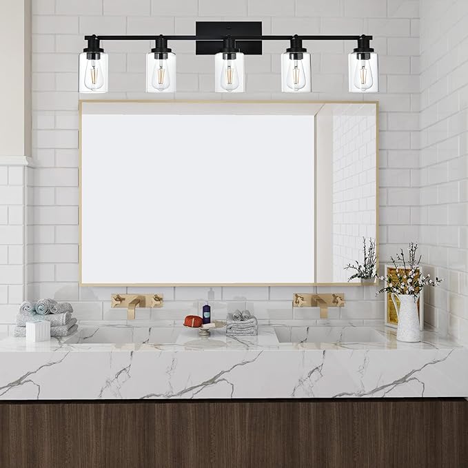 MELUCEE 5 Light Vanity Lights for Bathroom with Rotatable Light Head, Black Ceiling Light Fixture with Clear Glass Shade, Modern Spotlight Track Lighting Kit for Hallway Porch Foyer Bath