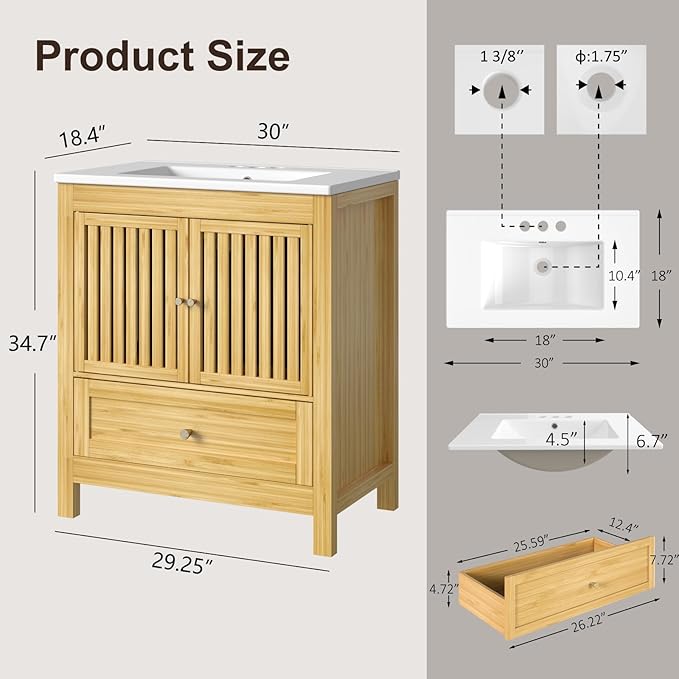 30" Bathroom Vanity with Single Sink, Solid Wooden Free Standing Bathroom Cabinet, Farmhouse Bamboo Storage Cabinet with Large Drawer, Soft-Closing Louvered Doors with Built-in Shelves