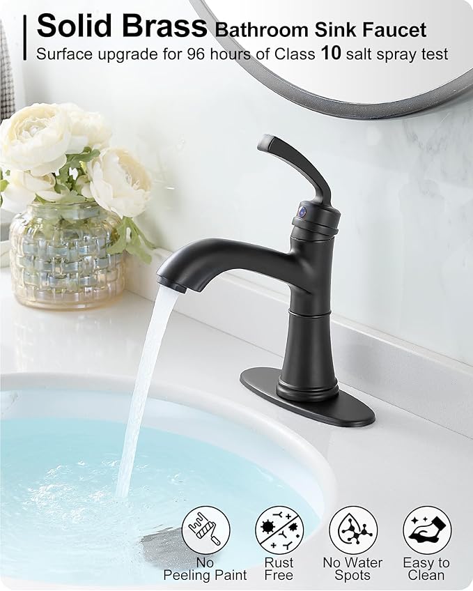 Brass Bathroom Faucets One Hole, Black Bathroom Sink Faucet 4 Inch Single Handle Bathroom Faucet 3 Hole, Vanity Faucet with Deck Plate & Pop-up Drain, No Splashing