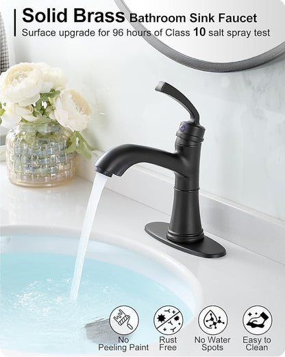 Brass Bathroom Faucets One Hole, Black Bathroom Sink Faucet 4 Inch Single Handle Bathroom Faucet 3 Hole, Vanity Faucet with Deck Plate & Pop-up Drain, No Splashing