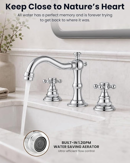 gotonovo 3 Hole 8’’ Widespread Bathroom Sink Faucet Polished Chrome | Vintage Bathroom Faucet,2 Cross Handle,6-16’’ Sink,Vanity,Basin,RV,Farmhouse,SUS304,24’’ cUPC Hose Pop Up Drain,Deck Mount