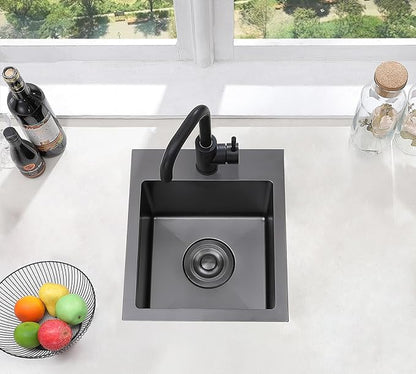 Comllen 15”x15” Black Drop In Bar Sink, Stainless Steel Small Kitchen Sink Single Bowl, Gunmetal Black Sinks for Outdoor Wet Bar Prep RV Yard Office Laundry Utility with Strainer Drain