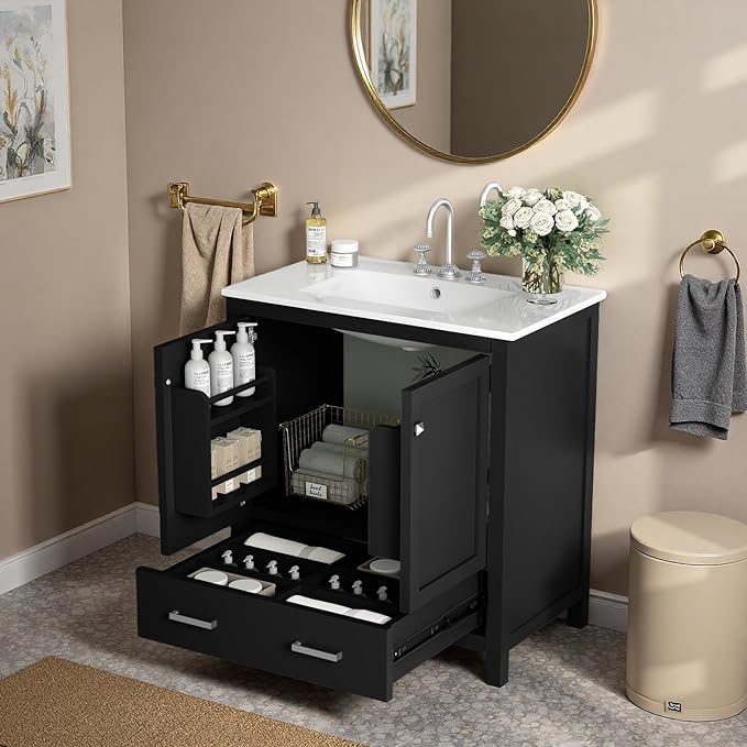 30" Freestanding Bathroom Vanity with Sink, Floor Stand Bathroom Storage Cabinet with Ceramic Sink, Doors with Double-Layered Storage Shelves, Modern Compact Vanity with Divided Drawer, Black