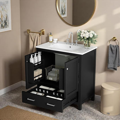 30" Freestanding Bathroom Vanity with Sink, Floor Stand Bathroom Storage Cabinet with Ceramic Sink, Doors with Double-Layered Storage Shelves, Modern Compact Vanity with Divided Drawer, Black