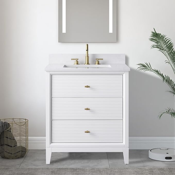 Vanity Art 30" Bathroom Vanity with Single Sink & Ceramic Top, Vanity Cabinet with Soft Closing Door, Solid Wood Frame, Golden Brushed Handles, White VA8130-W-GB