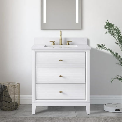 Vanity Art 30" Bathroom Vanity with Single Sink & Ceramic Top, Vanity Cabinet with Soft Closing Door, Solid Wood Frame, Golden Brushed Handles, White VA8130-W-GB