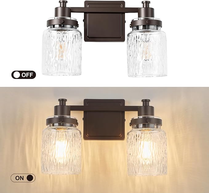 2 Light Bathroom Vanity Light Fixtures Farmhouse Oil Rubbed Bronze | ETL Certificate, Easy to Install,Wall Mount Up or Down,Hammered Glass Lampshade,E26 Socket,Hardwired,120V