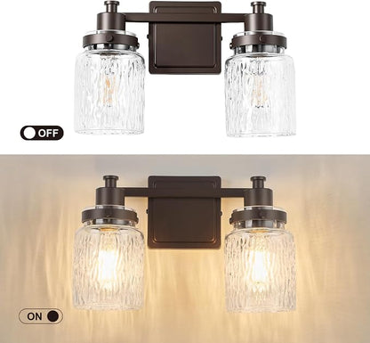 2 Light Bathroom Vanity Light Fixtures Farmhouse Oil Rubbed Bronze | ETL Certificate, Easy to Install,Wall Mount Up or Down,Hammered Glass Lampshade,E26 Socket,Hardwired,120V