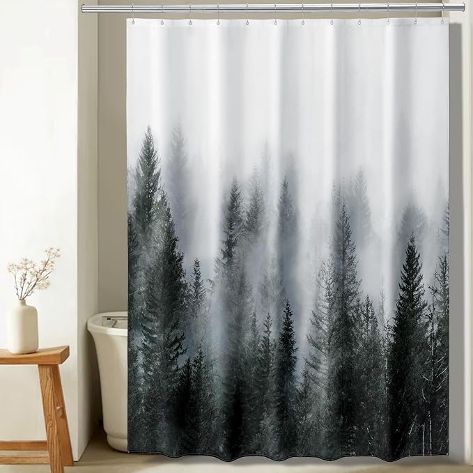 ORTIGIA 78 Inch Dark Green Misty Forest Shower Curtain for Bathroom, Nature Woodland Shower Curtain Set with Hooks, Decorative Pine Tree Fog Magic Bath Curtain, Waterproof Fabric, Weighted, 72x78