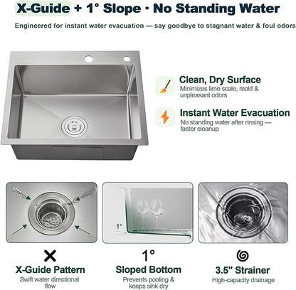 21.6x17.7 inch Drop in Kitchen Sink, 304 Stainless Steel Sink | 8.7" Deep Single Bowl, R10 Tight Radius, Topmount Kitchen Sink with Basket Strainer Drain, Brushed