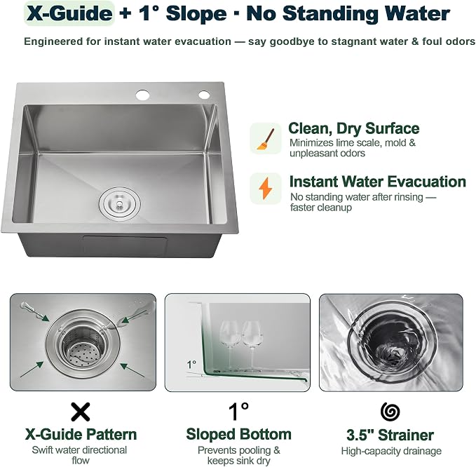 24x18 Inch Kitchen Sink Drop In, T-304 Grade Stainless Steel Sink | 9" Deep Single Bowl with Brushed Finish, R10 Tight Corner, 2 Holes, for Modern Kitchen/RV Sink