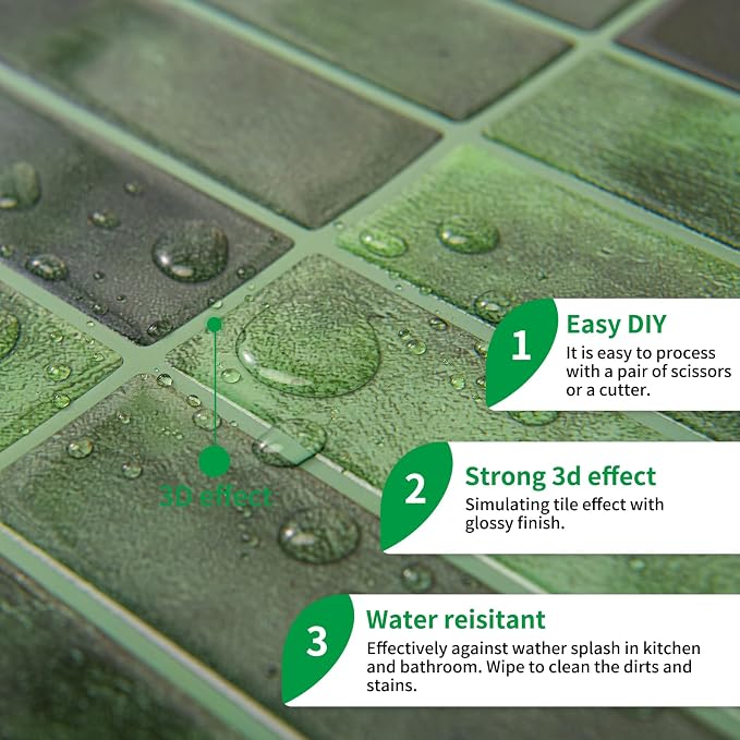 LONGKING 10-Sheet Green Peel and Stick Backsplash Tiles for Kitchen Wall, Kitchen Backsplash Wall Tile, Waterproof Back Splash Stick on Tiles for Bathroom | Peel and stick backsplash, self-adhesive wall tile, Green, waterproof, kitchen bathroom wall, 1...