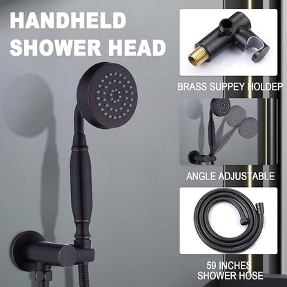 Enga Antique Shower Faucet Sets Dual Heads with Tub Spout 8" Ceiling & 6" Wall Mount Vintage Shower Head Handheld Spray Combo, 4 Way Diverter Brass Rough in with Trim Kit, Oil Rubbed Bronze