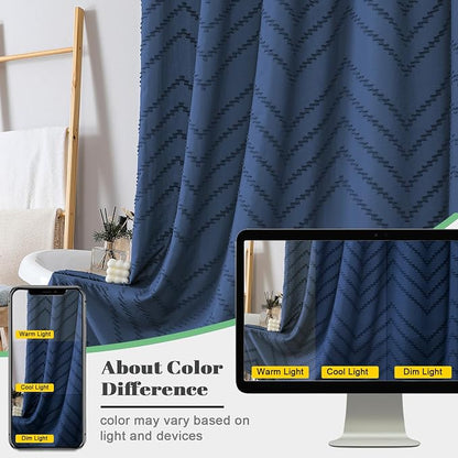 Dusty Blue Fabric Shower Curtain, Boho Shower Curtains for Bathroom Chic Tufted Chevron Striped Textured with Tassel, Soft Hotel Style Farmhouse, Machine Washable, 72x78, Dusty Blue